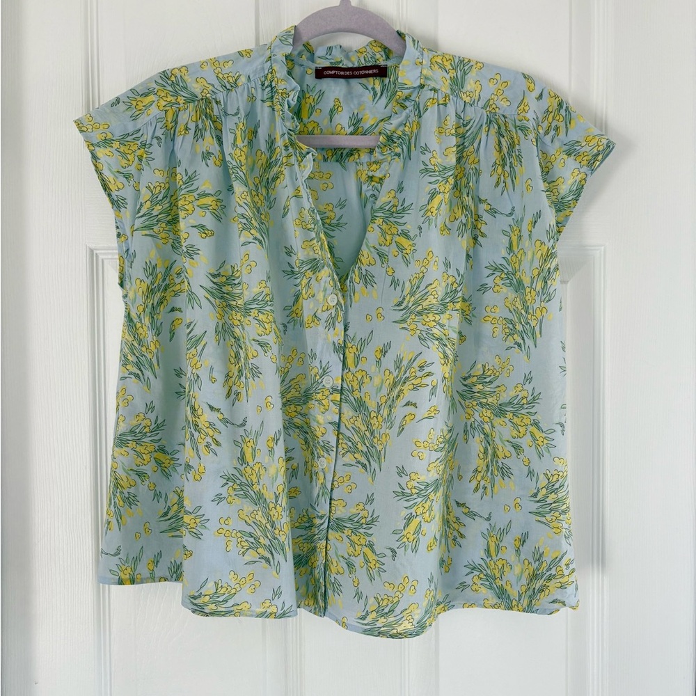 COMPTOIR DES COTONNIERS-PARIS 
COTTON SLEEVELESS LT BLUE W/YELL FR36 SO FRENCH!